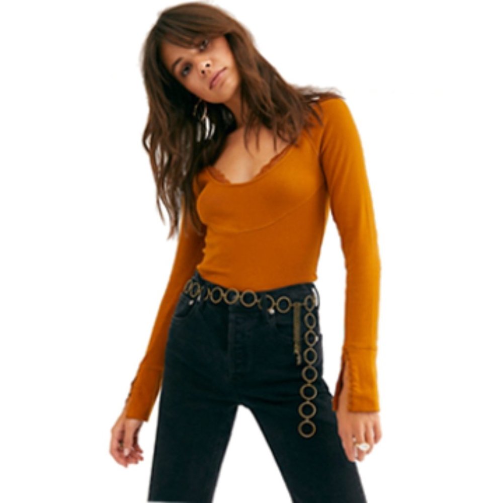 Free People Lace Cuff Long Sleeve Boho Top